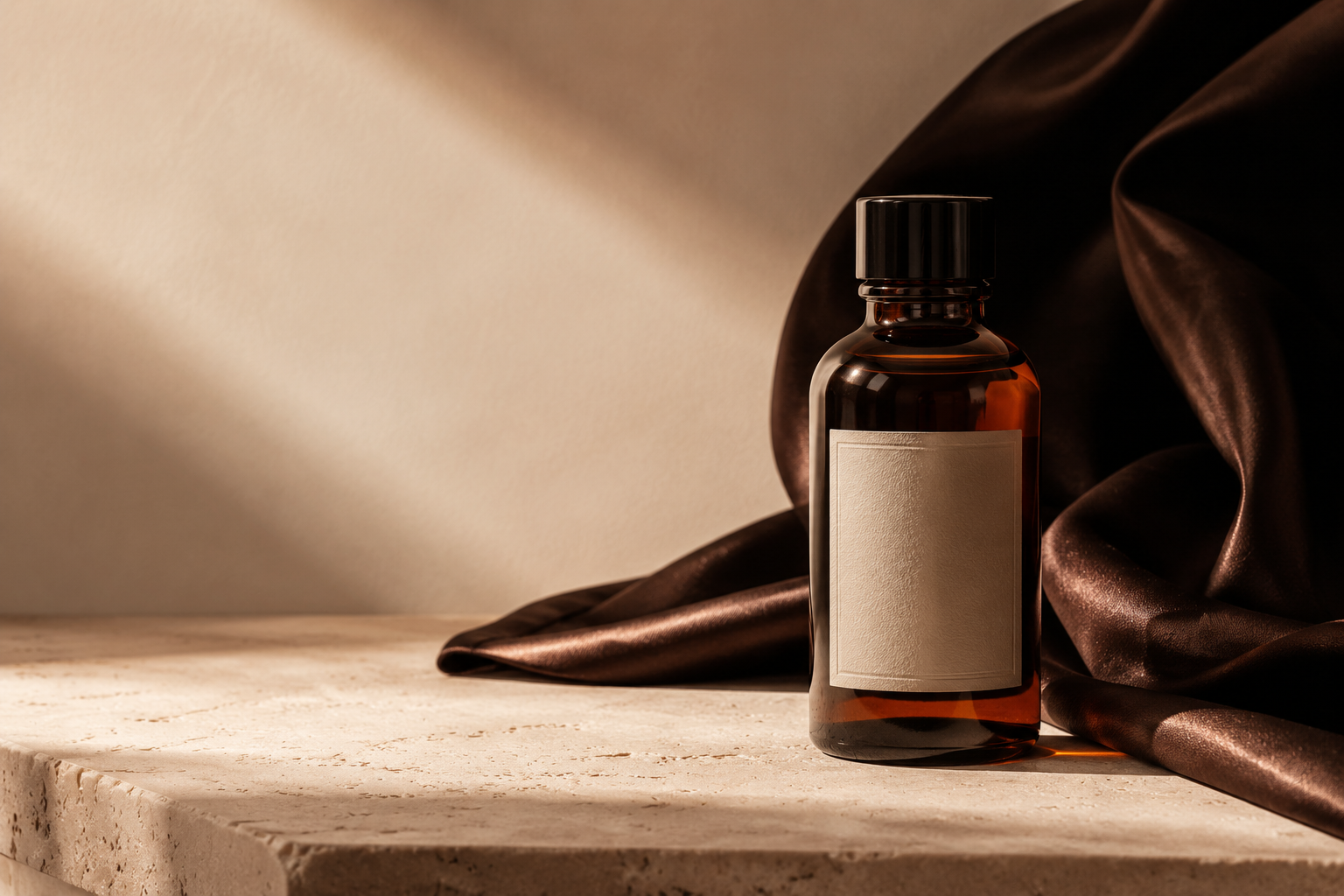 Amber skincare bottle on stone and brown silk