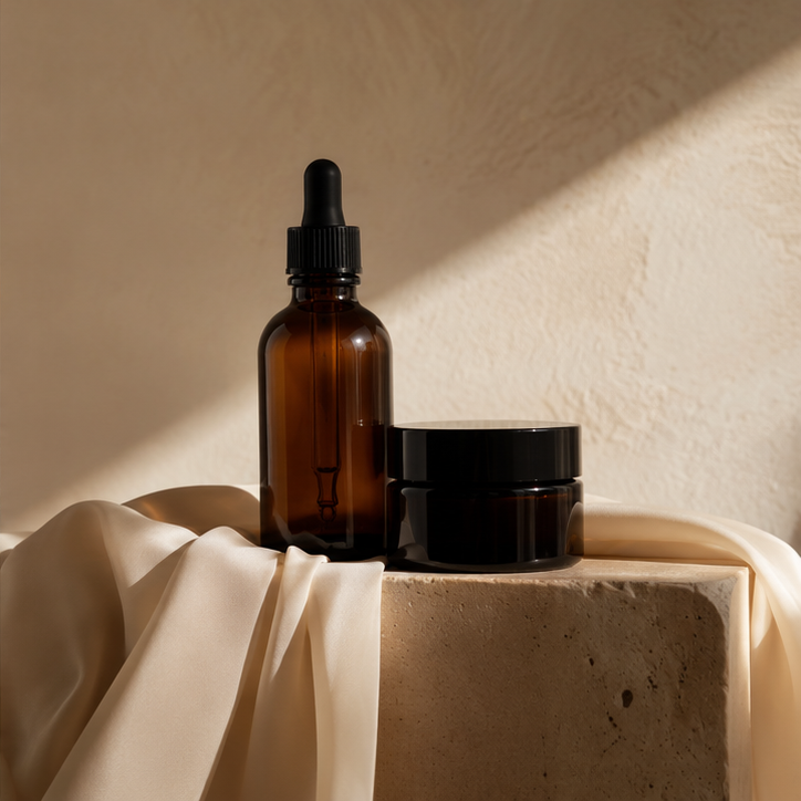 Skincare jar and bottle with cream fabric