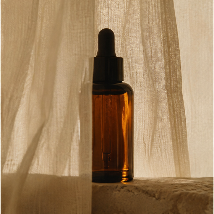 Amber bottle in soft cream fabric
