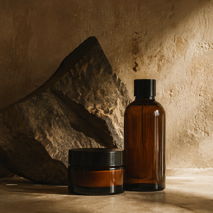 Skincare product on dark stone